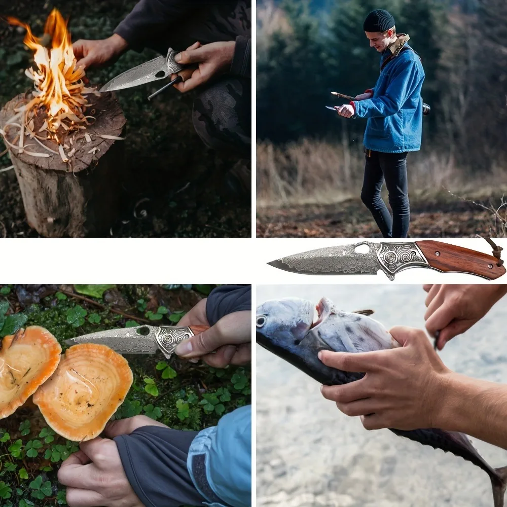 Couteau pliant de camping en plein air, exquis, avec motifs gravés, cadeau, couteau à fruits, barbecue, couteau d'auto-défense