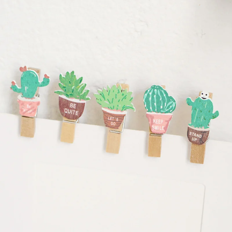 10pcs 35x7mm Cactus Wooden Peach Hanging Photo Clips Memo Paper Art Card Clothespin Stationery Wedding Party Craft Decor