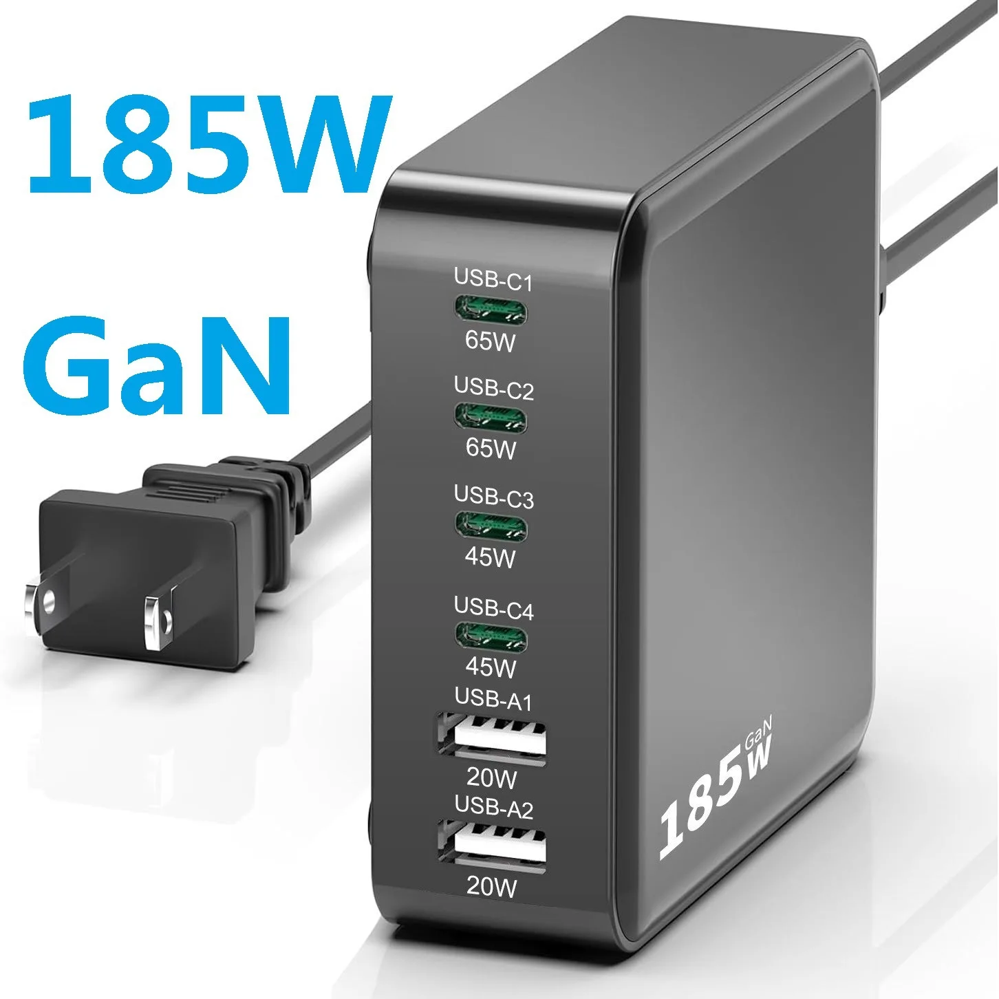 185W 6 Port GaN Phone Charger 4C2A PD Fast Charger Station Desktop Multi Port Charger For iPhone Samsung Tablet Earphone