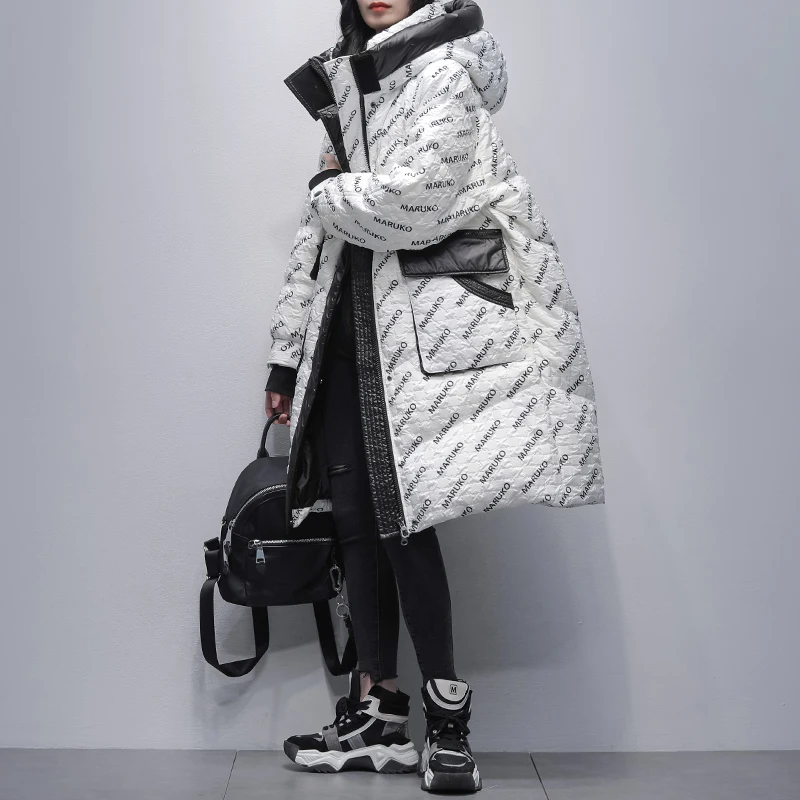 

2023 Women Winter New Fashion White Duck Down Jacket Female Long Print Hooded Outerwear Ladies Loose Thicken Warm Coats