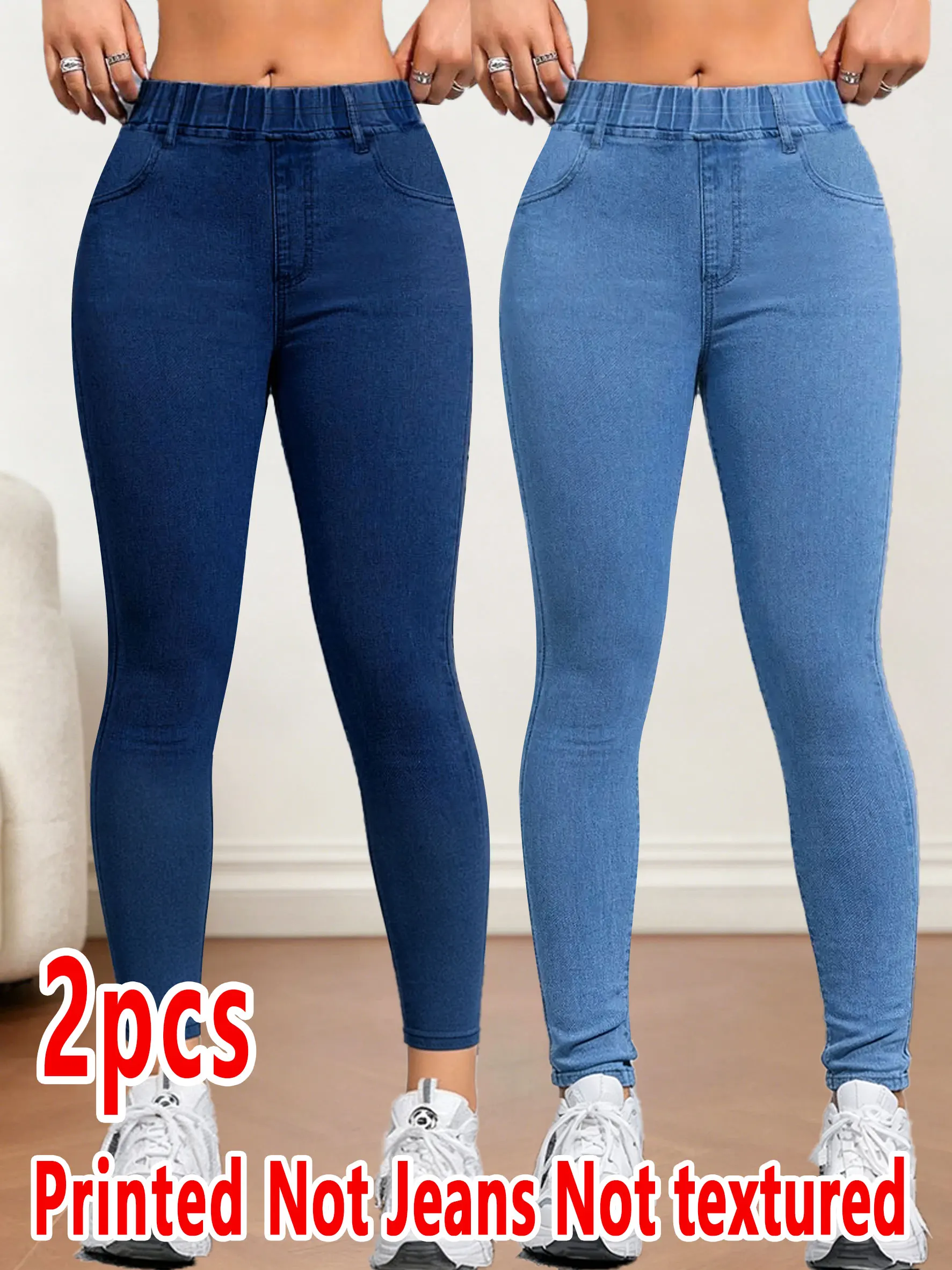 2pcs Ladies' Two-Piece Set Printed Faux Denim Autumn Winter Long Pants Texture-Free Design Ladies Fashion Outerwear Set