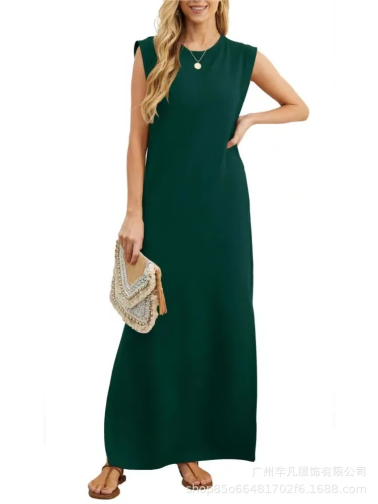 

2025 Summer Elegant Long Dress Women Solid Color Sleeveless Casual Dresses Fashion Ladies O Neck Split Loose Dresses Vestidos