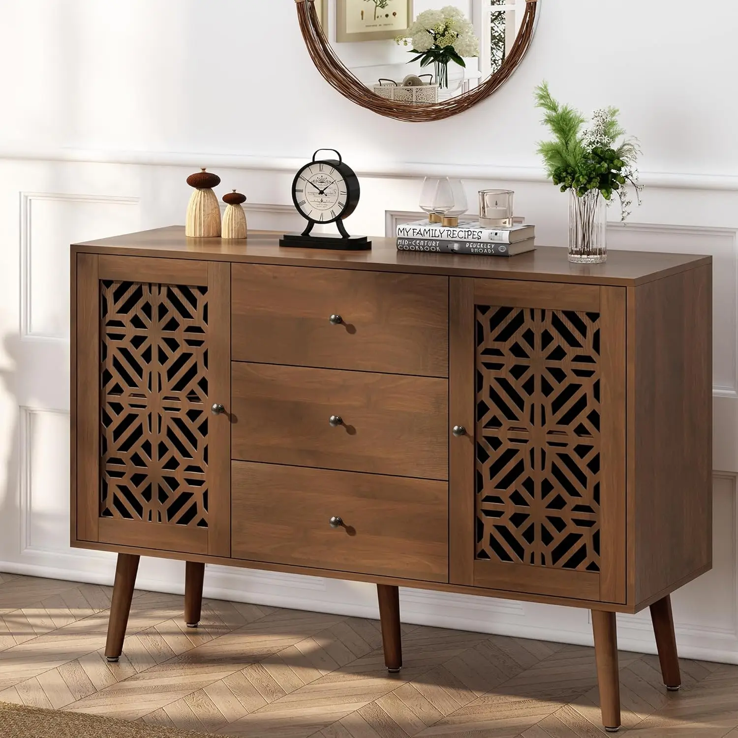 

ARTPOWER 48" Hollow-Carved Accent Cabinet with Drawers,Retro Sideboard Buffet Cabinet with 3 Drawers and Storage Doors,Sideboard