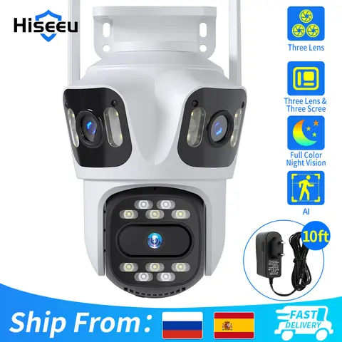 Hiseeu 4K Wifi PTZ 카메라 3 렌즈 3 스크린 야외 IP 카메라 자동 추적 비디오 감시 CCTV 카메라 P2P ICSEE APP