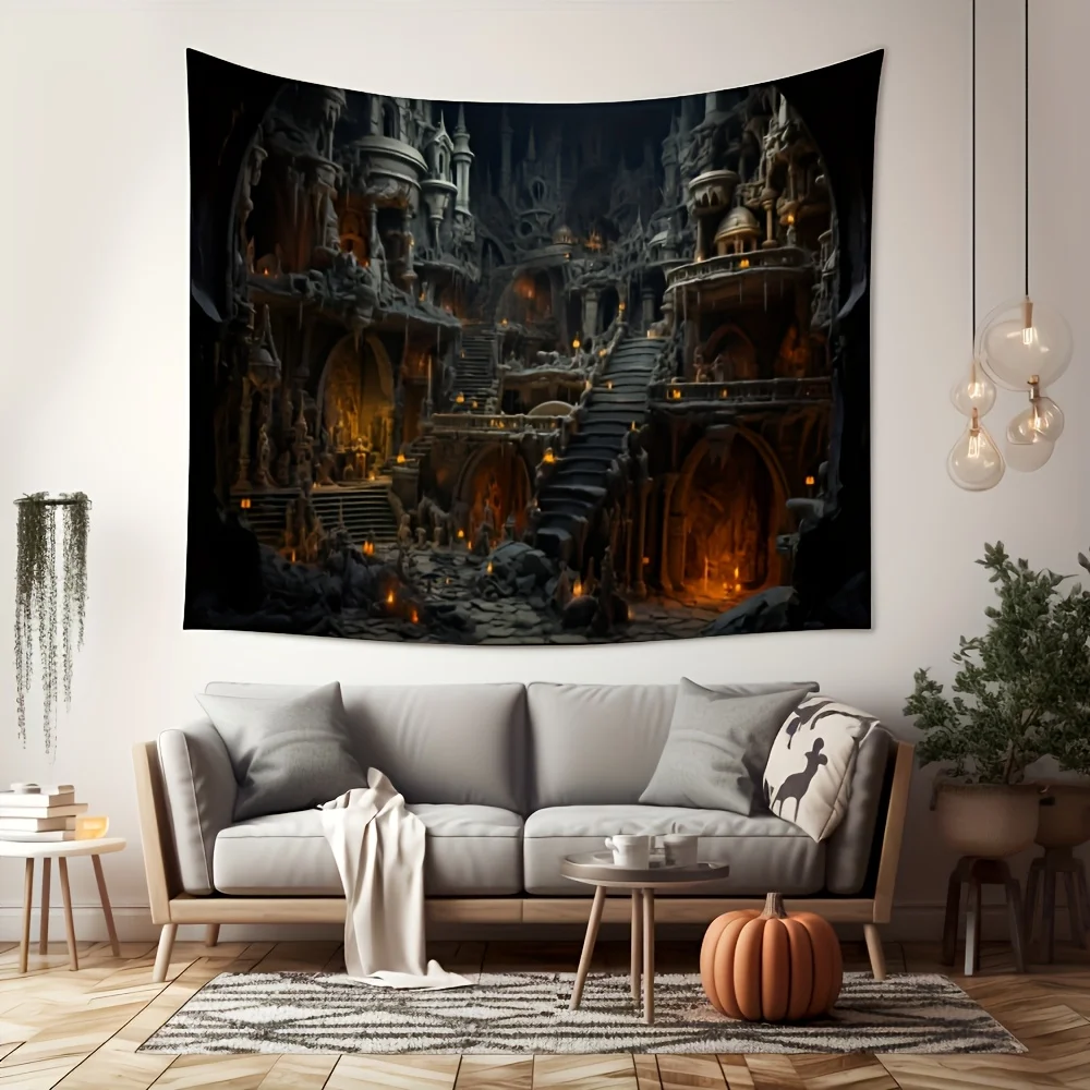 Epic Gothic Fantasy Tapestry Wall Hanging Dark Medieval Ruins Dungeon Art Print for Home Decor Living Room Gothic Style Room Dec