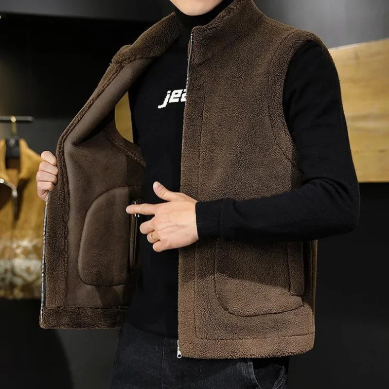 New Autumn/Winter Double-Sided Wearable Men's Fleece-Lined and Thickened Vest Integrated Leather Clothing Warm Jacket