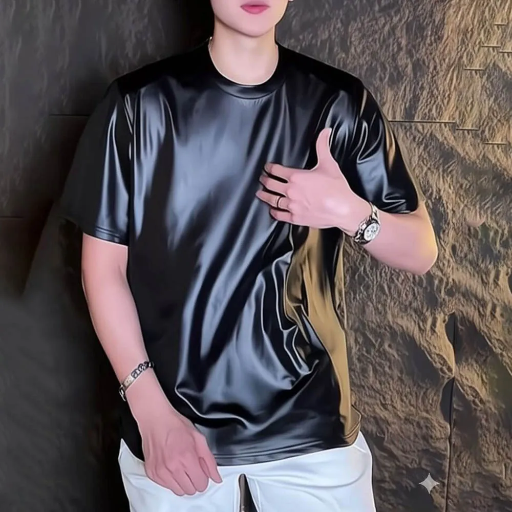 Mens T-Shirts Shiny Plain Ballroom T-Shirts Streetwear Fashion Nightclub Stage Performance Short-Sleeved Tops Men'S Clothing