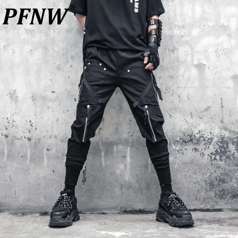 Pfnw nicho design calças de carga maré masculina na moda zíper bolso retalhos cego perna darkwear punk macacão novo chique 12z6351