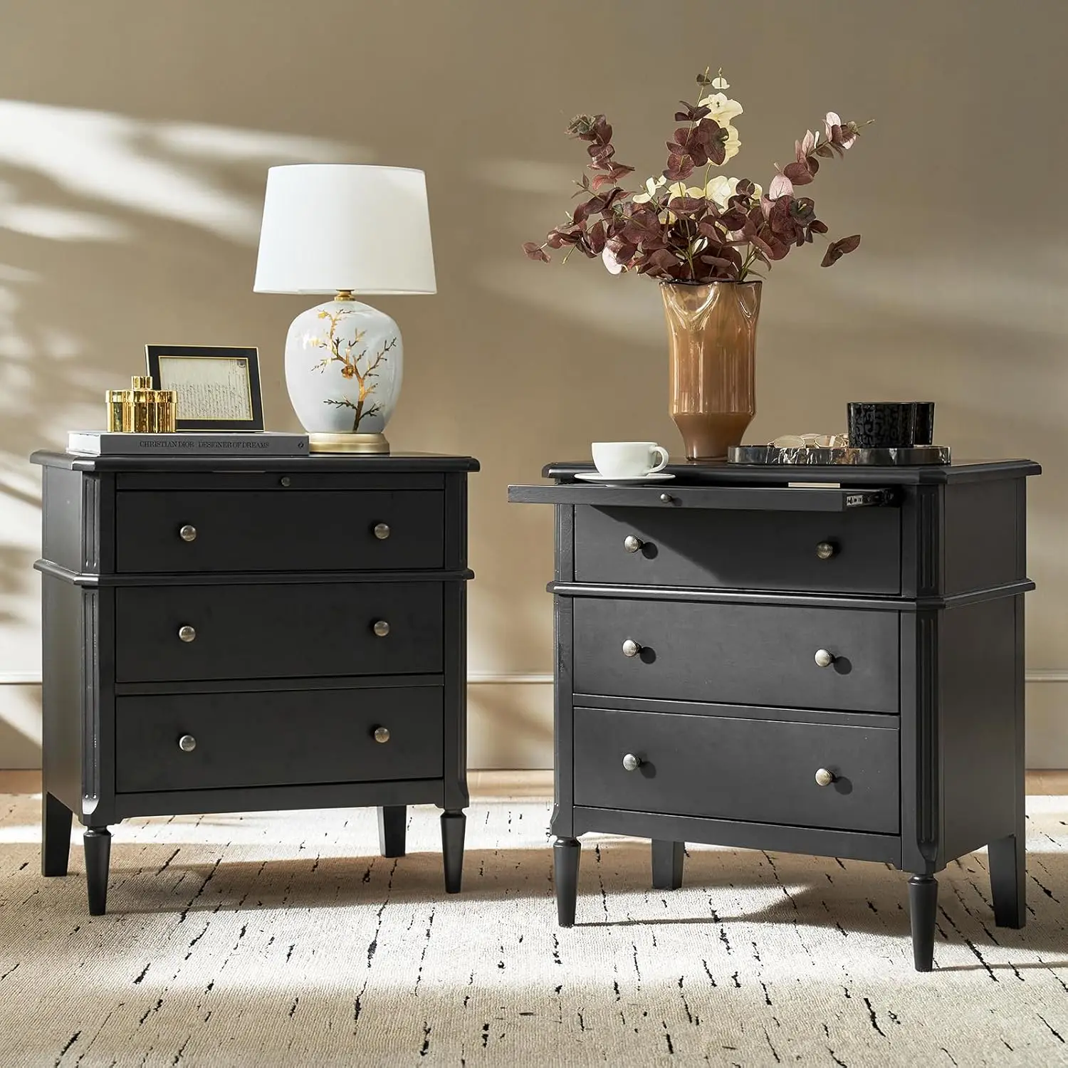 

30" Tall End Table with Charging Station Hidden Drawer Pull-Out Shelf Rubberwood Legs Set of 2, Customized