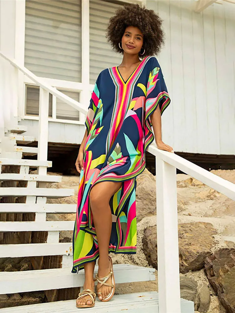 

Boho Women Dress Kaftan 2023 Summer Swimsuit Cover Up Beachwear Tunic Robe Beach Outing Loose Casual Long Maxi Dresses Sarong