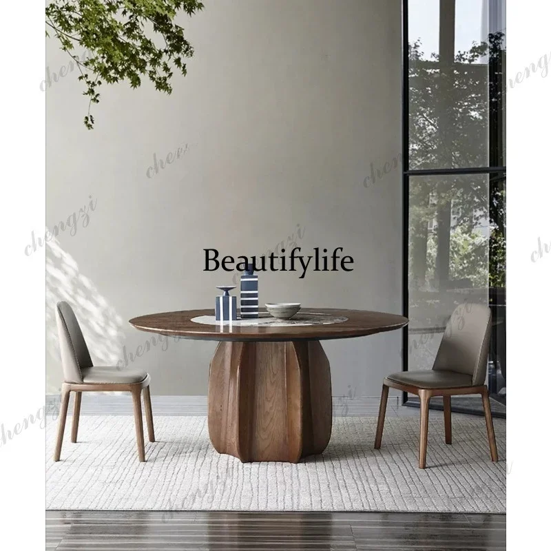 MM45 Imported rock slab round dining table embedded with turntable modern Chinese solid wood dining table and chair combination