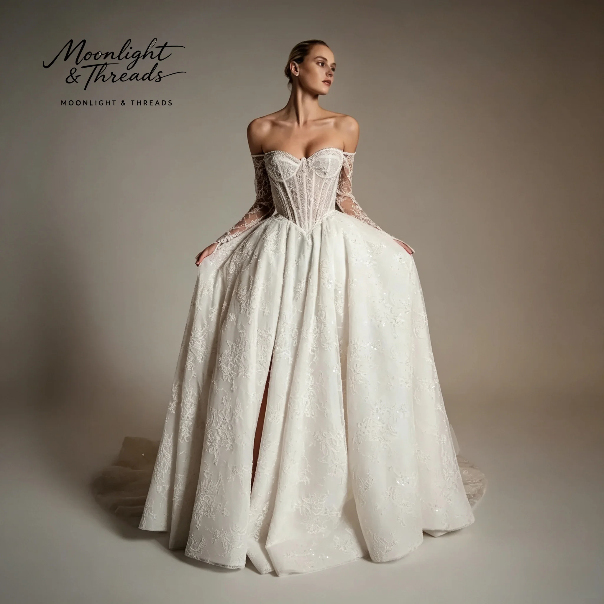 Sweetheart Corset Detachable Lace Long Sleeve High Slit A Line Chapel Train Wedding Dress Full Lace Bridal Gown
