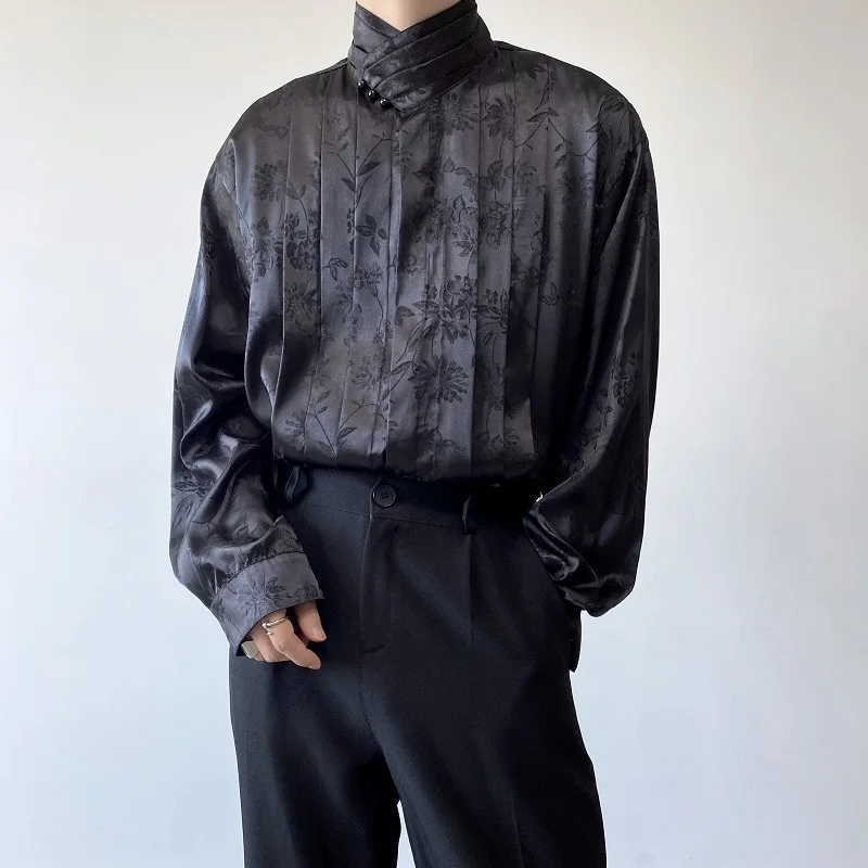 

Retro Chinese Style Long Sleeve Satin Shirt with Embroidery High Collar for Men Performance Ceremony Elegant Youth Fashion