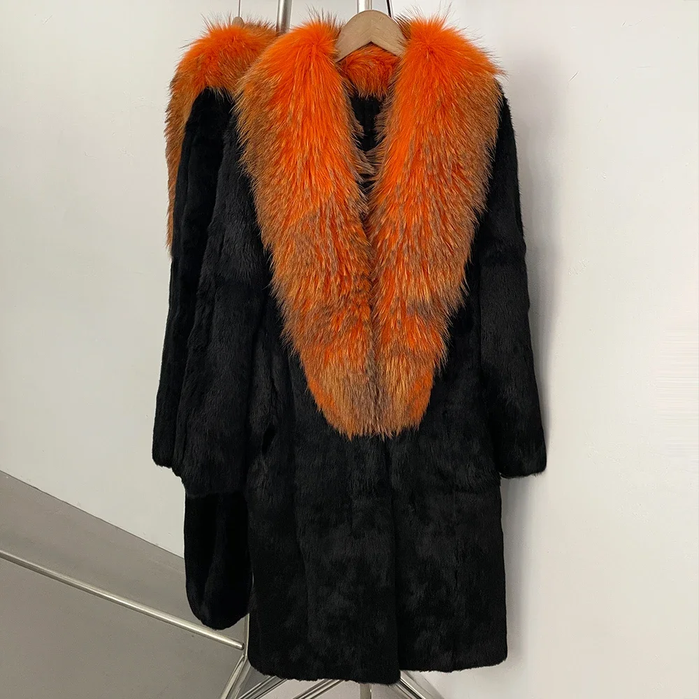 OFTBUY Neue Luxuriöse Vollpelz-Winterjacke für Damen, Mittellanger Echtkaninchenfellmantel, Übergroßer Echtfellkragen aus Waschbär- und Fuchsfell – Detail 13