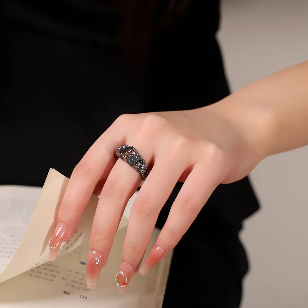 Unusual Rock Face Gilded Black 925 Silver Buddha Rings for Women Hollow Meditation Buddhism Jewelry Religious Gifts Thai Silver
