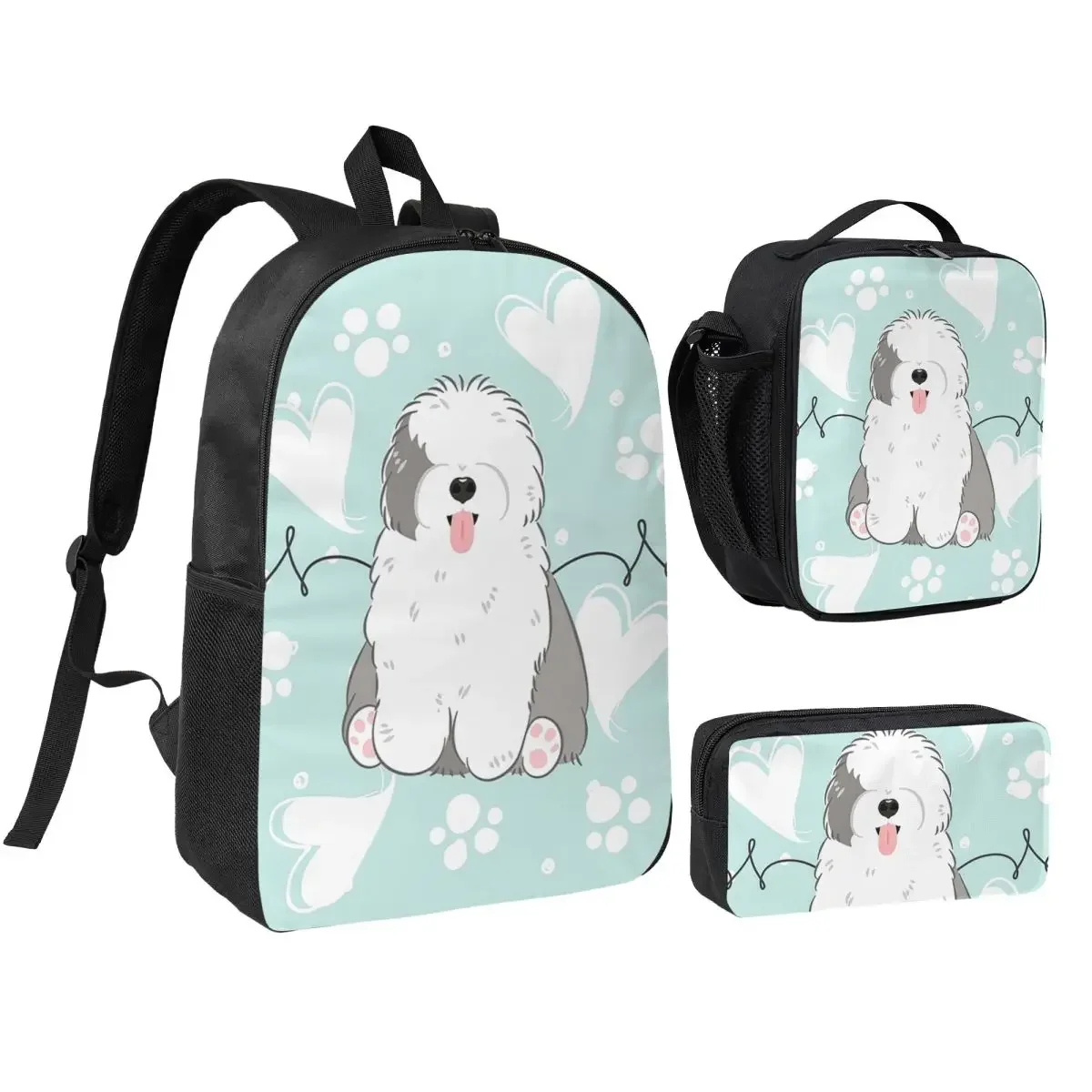 Love Old English Sheepdog Backpack Boys Girls BookBag School Bag Shoulder Bags 3ps Insulated Lunch Bag Pencil Case