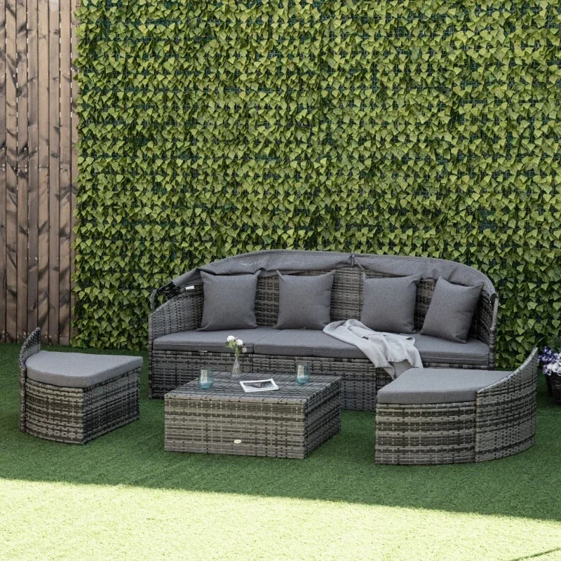 

Outdoor Round Daybed 4 Pieces Wicker Outdoor Rattan Sofa with Canopy,