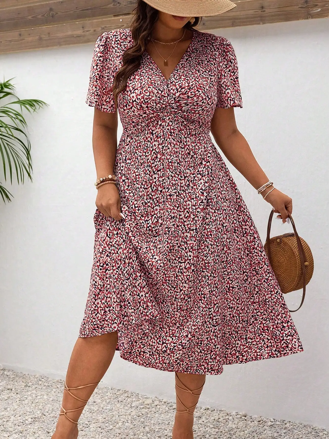 

Boho V-Neck Short Sleeve A-Line Print Midi Dress For Women Summer Beach Holiday