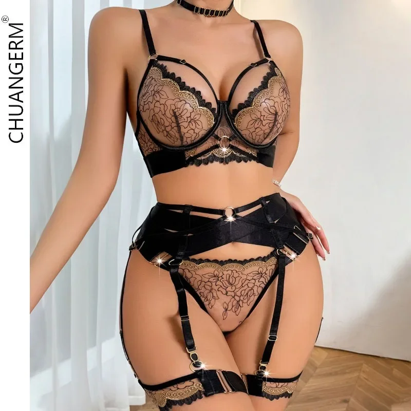 

CHUANGERM Sexy Women's Underwear Erotic Embroidery Bra Set See through Luxury Lingerie 5-pieces Sensual Intimate Onlyfans Kit