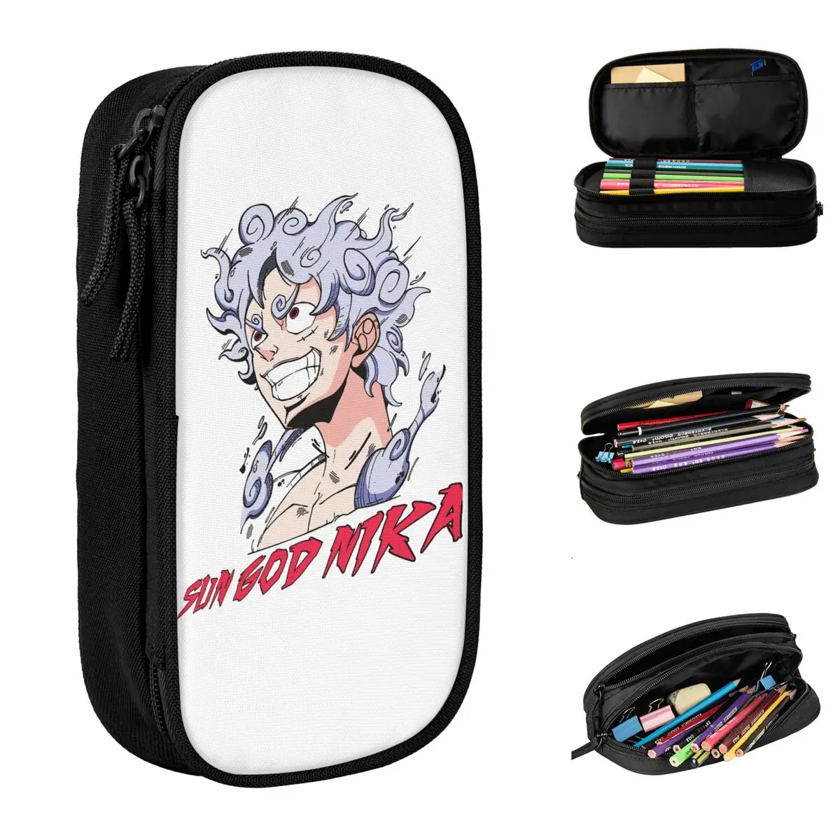 Sun God Nika Luffy In Gear 5 Form Estojos de lápis de uma peça para meninas meninos grandes sacos de armazenamento papelaria de escritório
