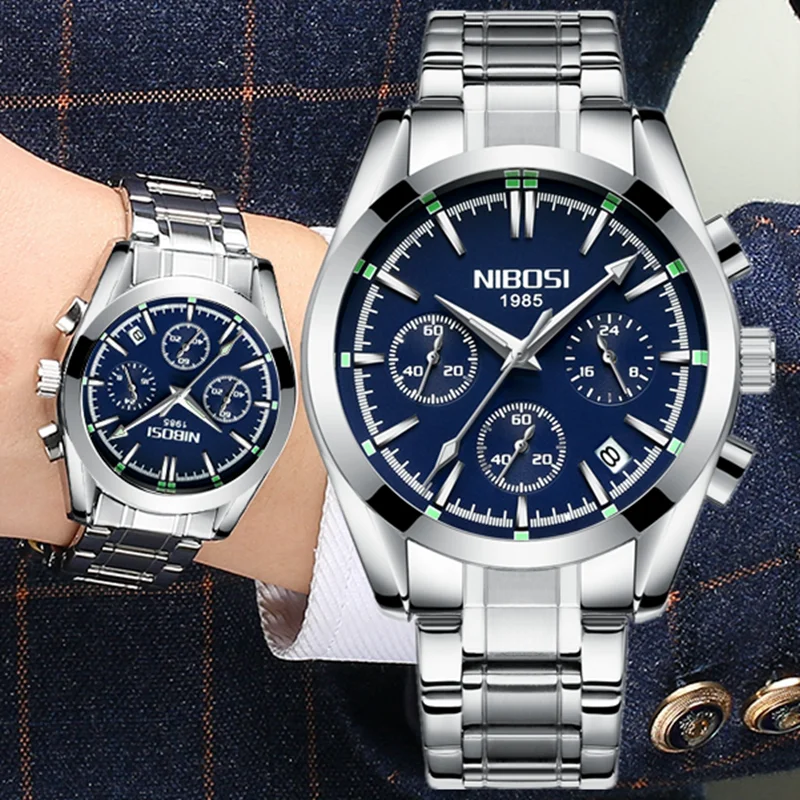 

NIBOSI Men Watch Arch Glass Luxury Brand Stainless Steel Wristwatch Chronograph Army Business Quartz Watches Relogio Masculino