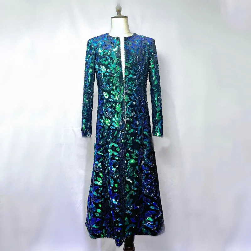 Men'S Jazz Dance Costume Green Sequins Long Coat Bar Male Singer Jacket Hip Hop Clothes Stage Performance Outfit Clubwear XS5182