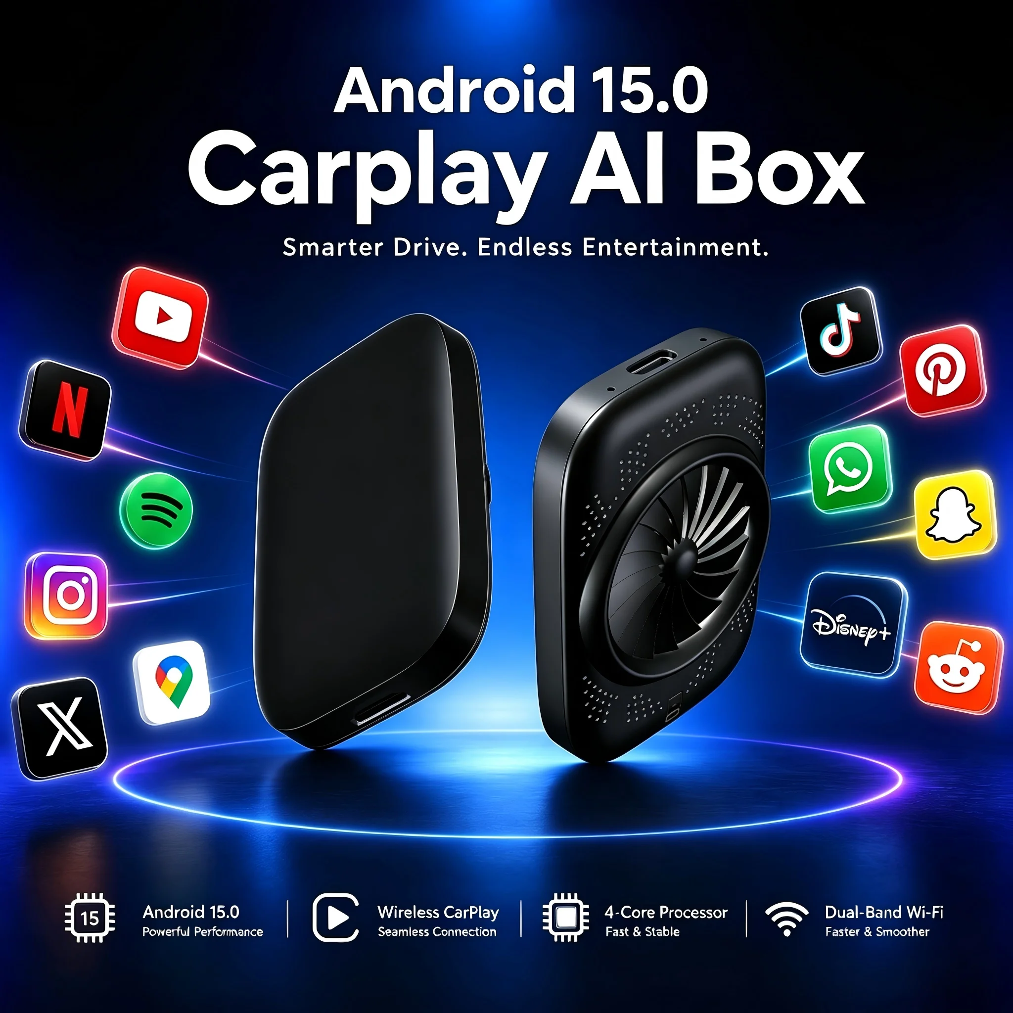 Android 15 CarPlay AI Box Kabelgebunden zu Kabellos CarPlay & Android Auto Netflix & YouTube Kompatibel mit Volkswagen VW Kia Toyota