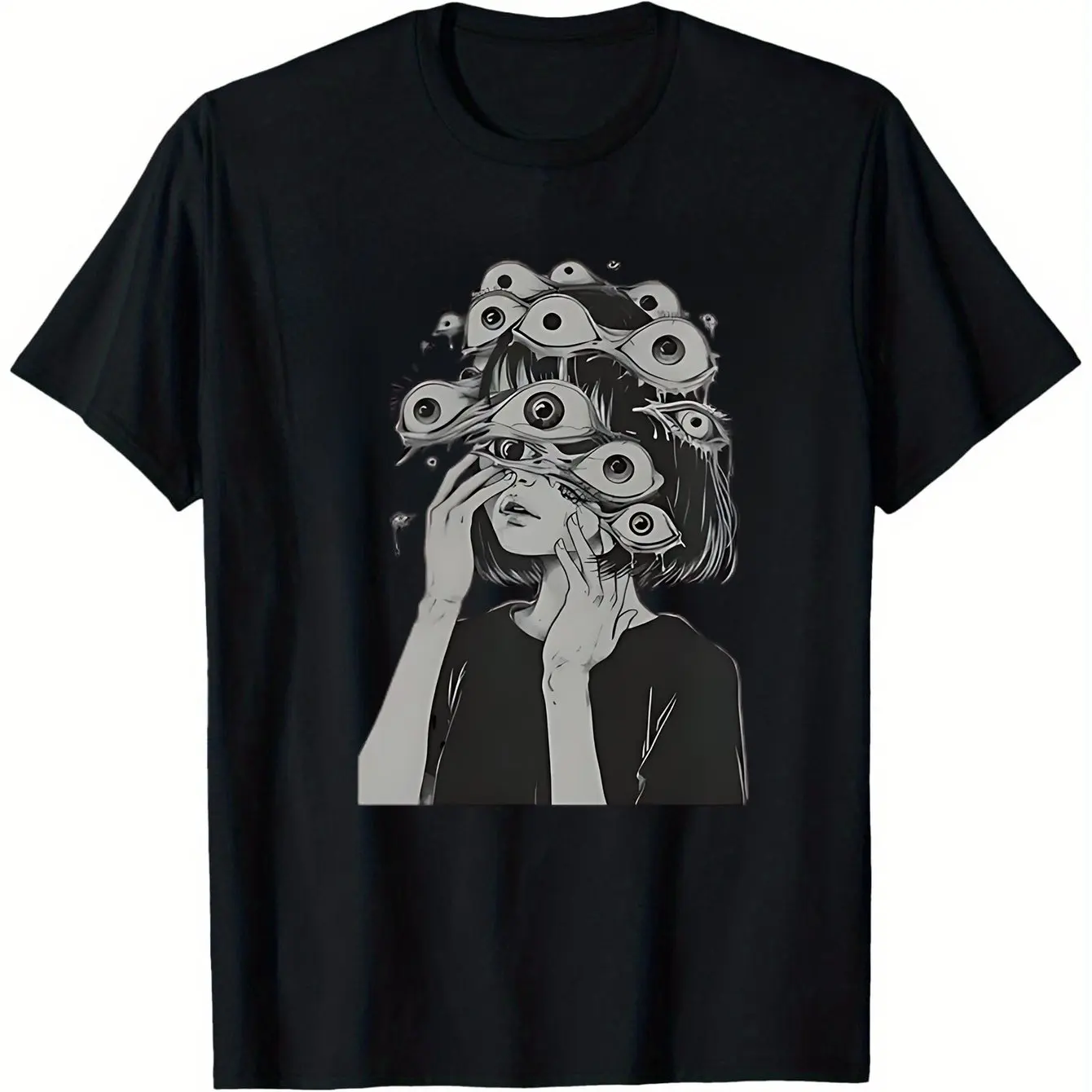 

Gothic Eyeball Graphic T-Shirt - Unique Surreal Design Black Crew Neck Tee for Men Women Summer Casual Wear Men Clothing