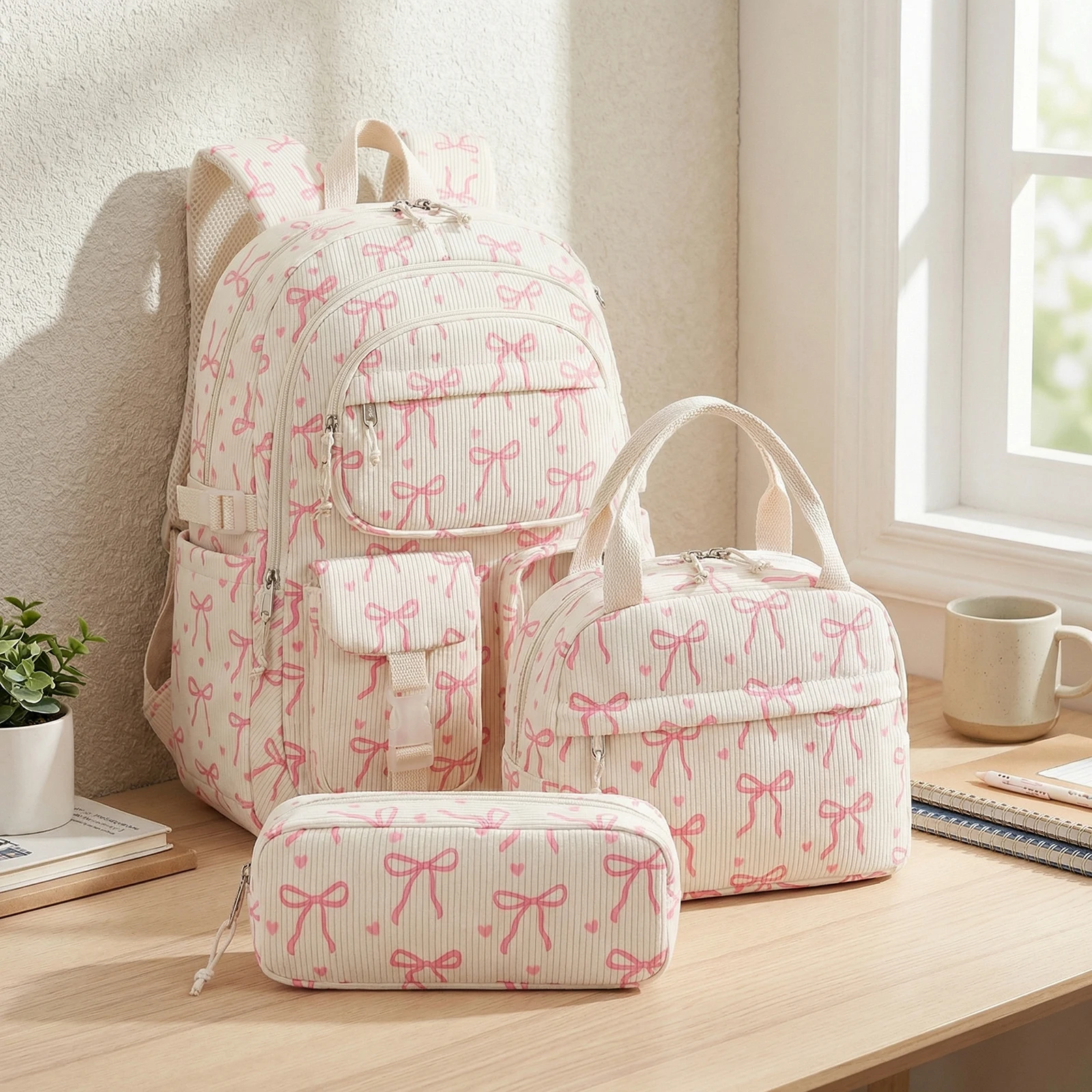 Women Bow Corduroy Daypack with Lunch Bag and Laptop Backpacks 3 in 1 Bookpack for Elementary Middle Students
