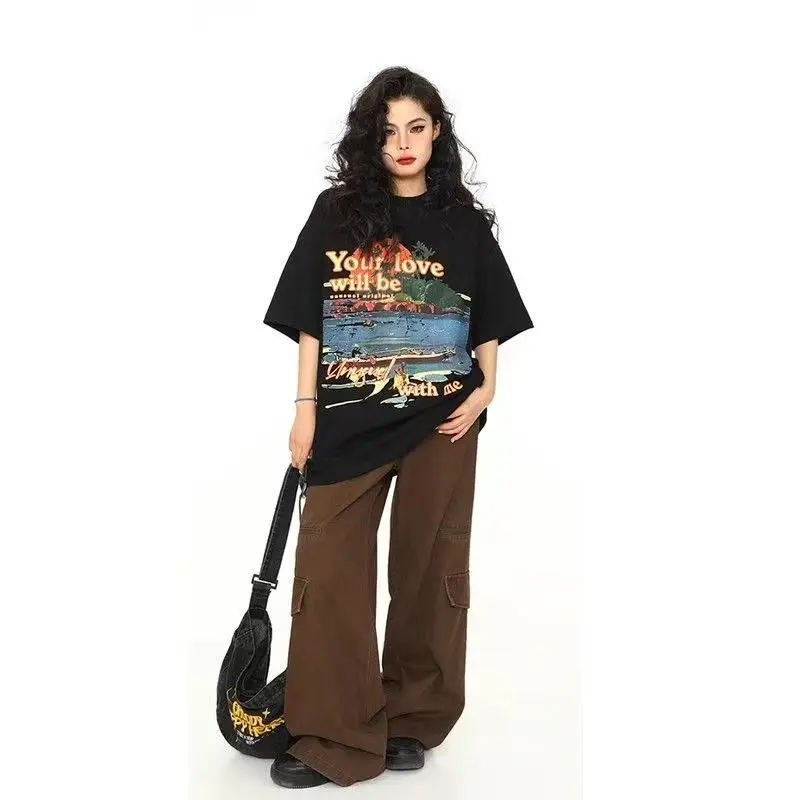 American Vintage Sunset Printing Cotton Oversized T Shirt Women Short Sleeve Hip Hop Streetwear Loose Casual Tshirts Summer 2026