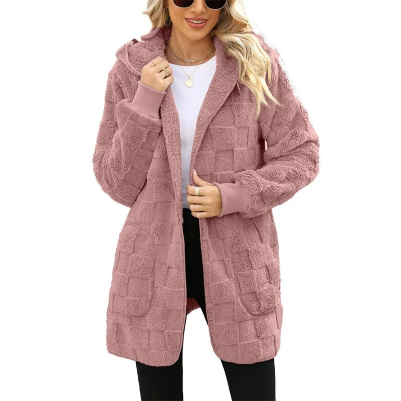 Moda inverno feminino casual casaco com capuz lã cardigan feminino jaqueta quente cor sólida senhoras casacos