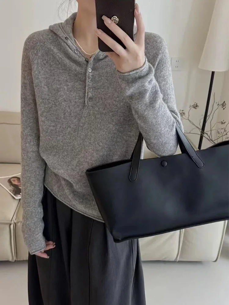 2026 new women's 100% wool knitwear multi-button hooded sweater solid color sweater loose casual long-sleeved top