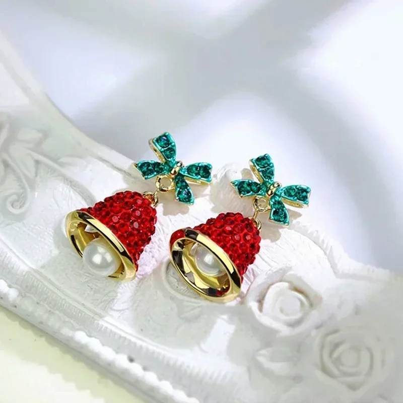 New Zircon Christmas Tree Earrings Bowknot Pearl Wind Chime Bell Earrings For Women Girls New Year Holiday Jewelry Gifts