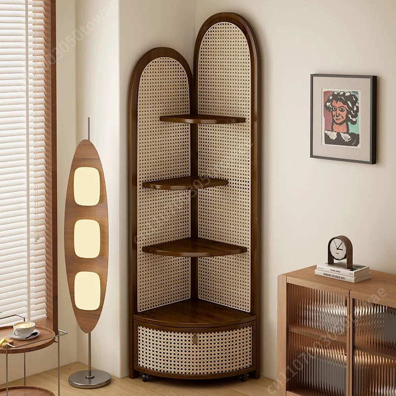 Retro Rattan Corner Storage Cabinet, Arched Wooden Display Shelf with Wheels, Space-Saving Floor Standing Organizer