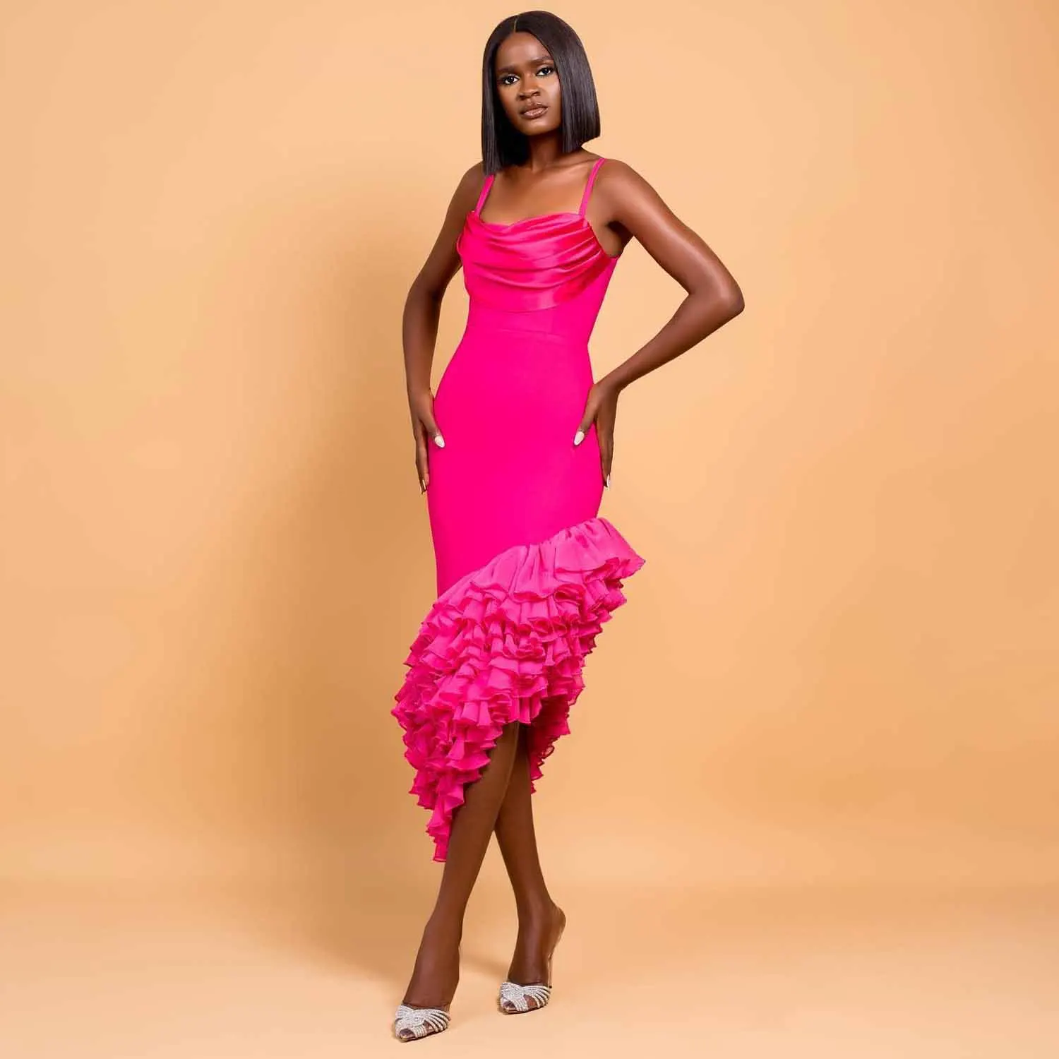 Hot Pink Simple Stretch Satin Evening Party Dresses Spaghetti Straps Irregular Ruffles Long Prom Gown vestidos de fiesta elegant