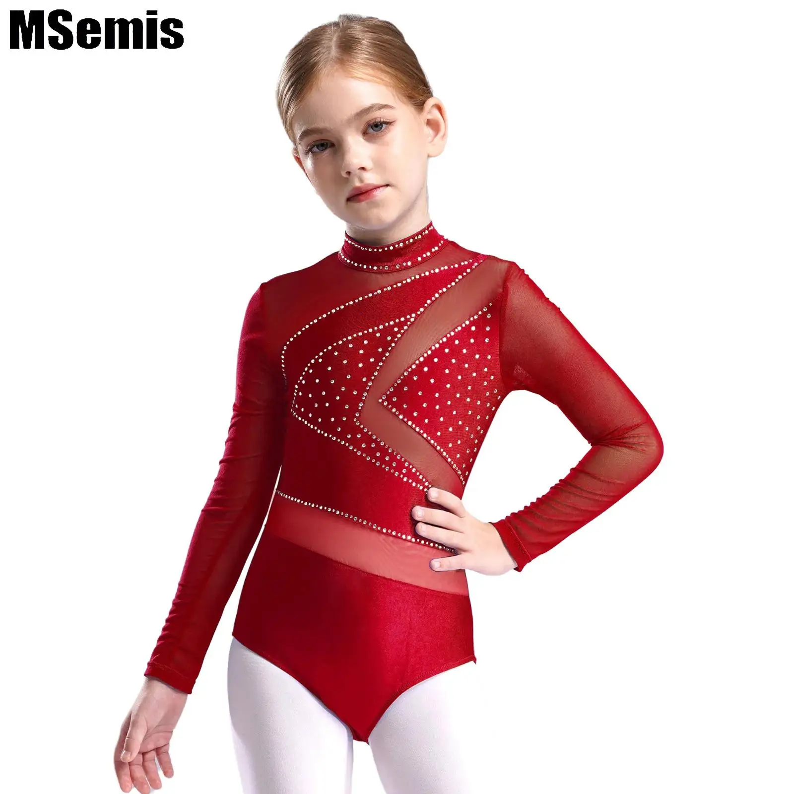 

Kids Girls Gymnastics Ballet Leotard Figure Skating Performance Costume Sheer Mesh Long Sleeve Cutout Back Rhinestone Leotard