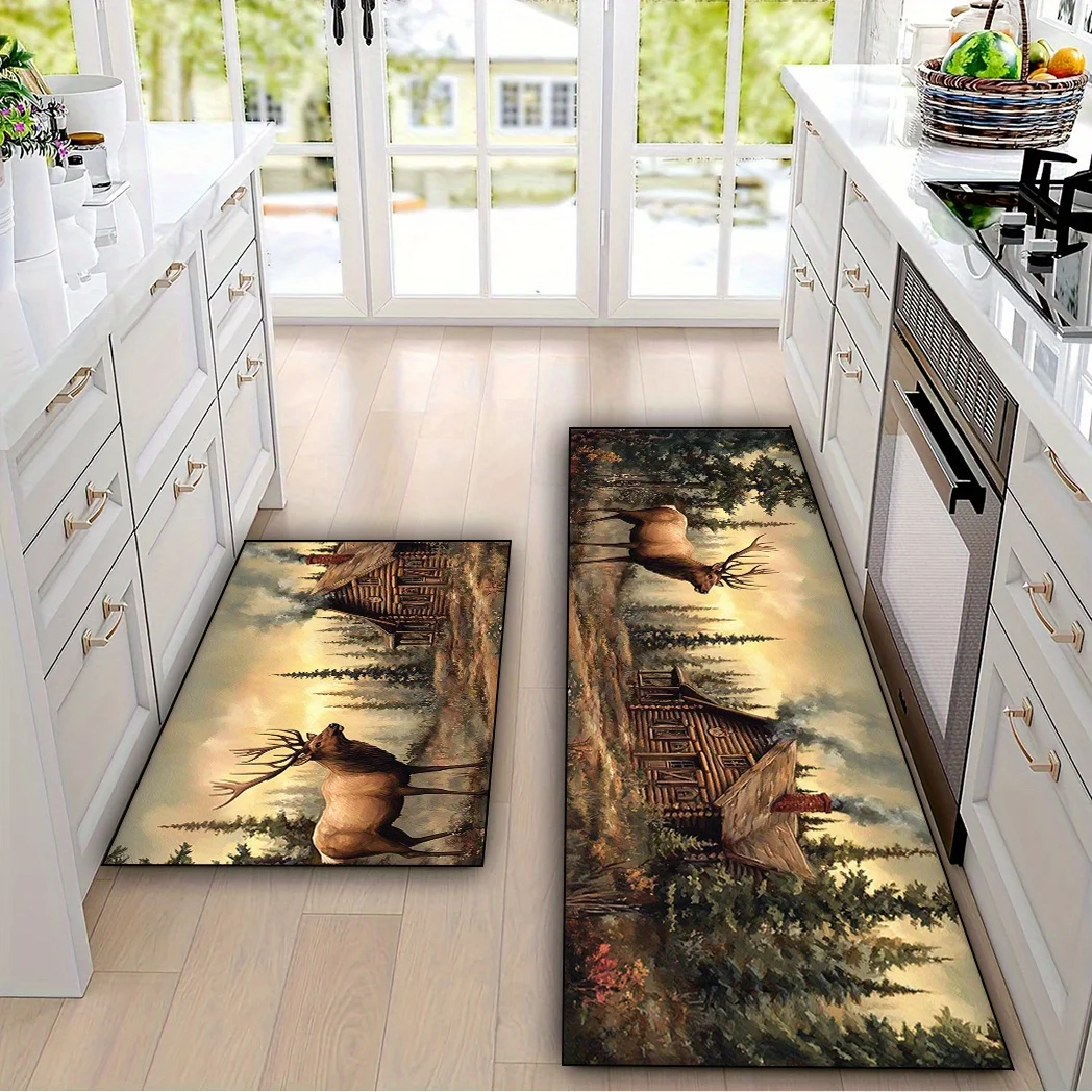 VIKAMA Nordic Forest Elk Kitchen Floor Mat Anti-Slip Warm Cooking Area Anti-Slip Mat Living Room Entrance Hall Decoration