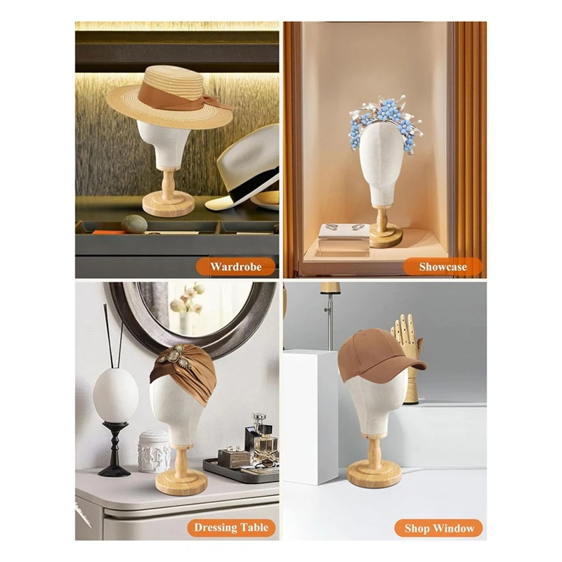 ●Wig Head Stand Mannequin HeadHat Display Stand Linen Wig Holder, Canvas Dome + Detachable Wood Stand for Wigs,Hats,Caps-ABFB