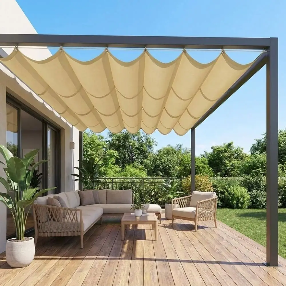 Waterproof Wave Retractable Sun Shade Canopy UV Protection Heavy Duty Garden Sunshade Net Telescopic Thick Polyester