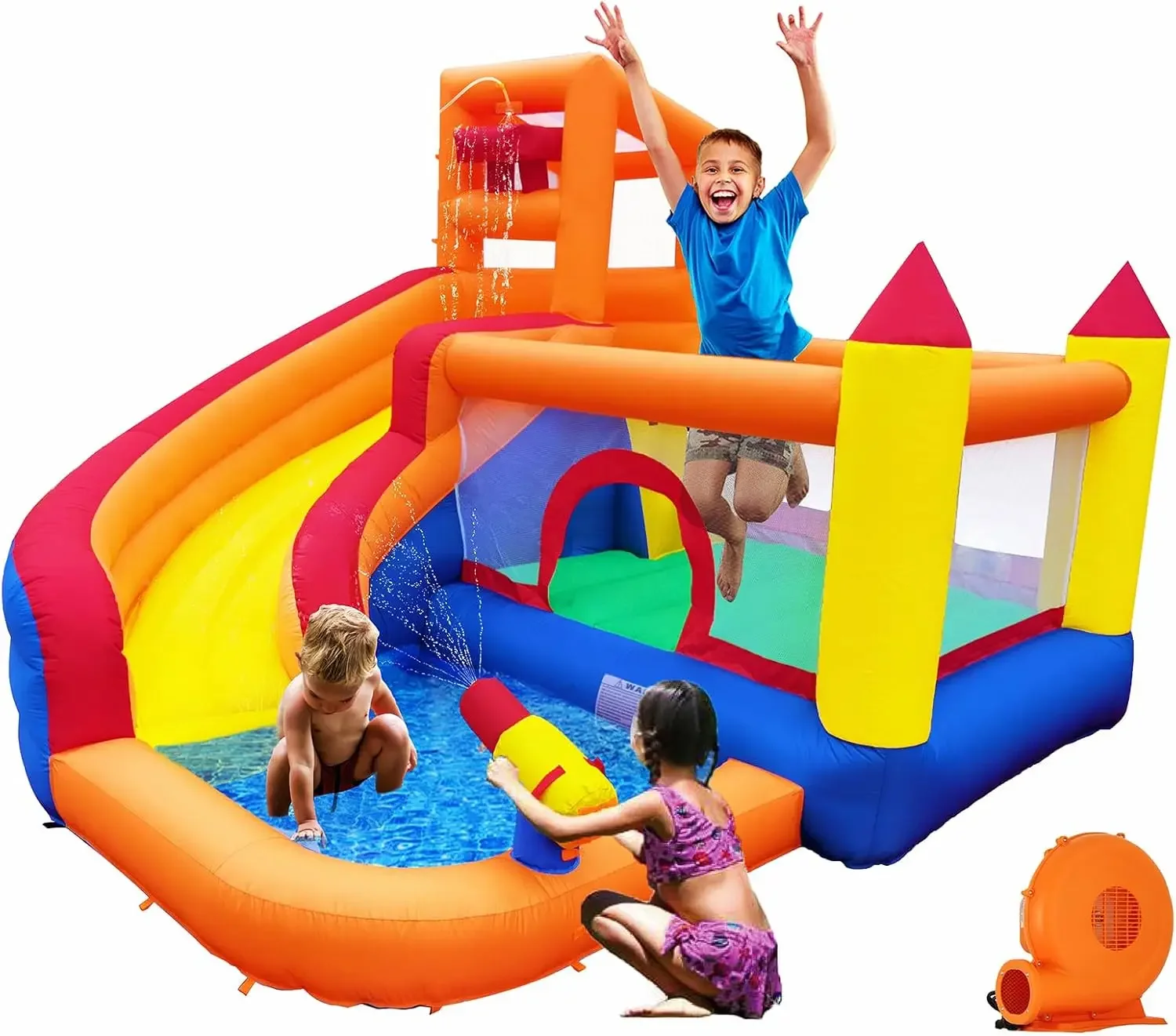 Inflatable Bounce House Water Slide with Blower, 5 in 1 Backyard Water Park W/Climbing Wall, Splash Pool, Jumping Cast