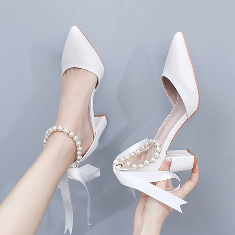 

7cm thick heel pointed sandals with straps, shallow mouthed women's sandals, white beaded high heels, oversized shoes