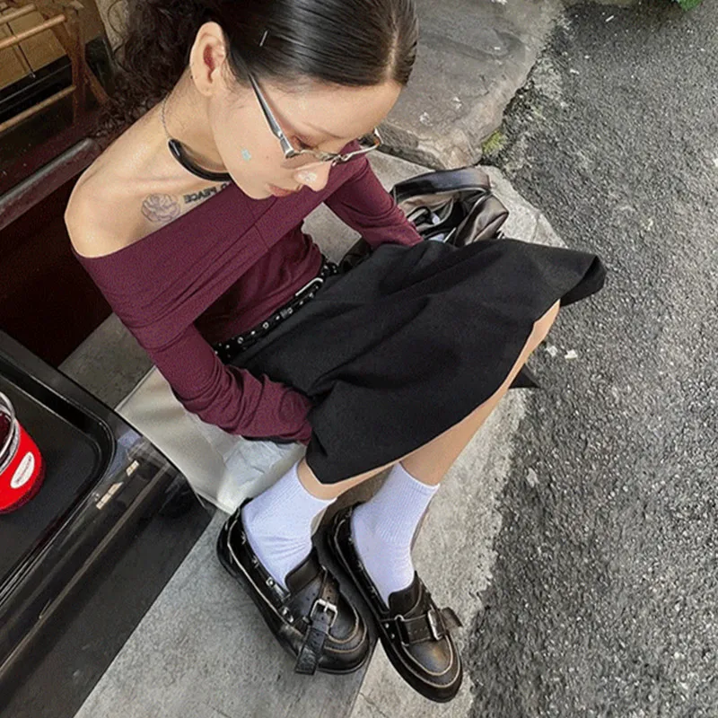 Vintage Women Platform Loafers Metal Buckle Mary Janes Retro Washed Leather Round Toe Slip On Flats Goth Punk Casual Ladies Shoe