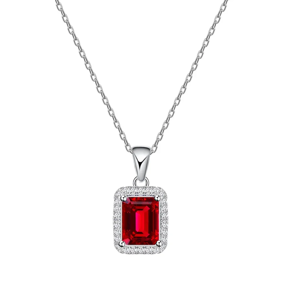 New Models Rectangular Car Flat Cut 5 * 7mm Simulated Ruby Necklace for Women 925 Sterling Silver Collarbone Chain