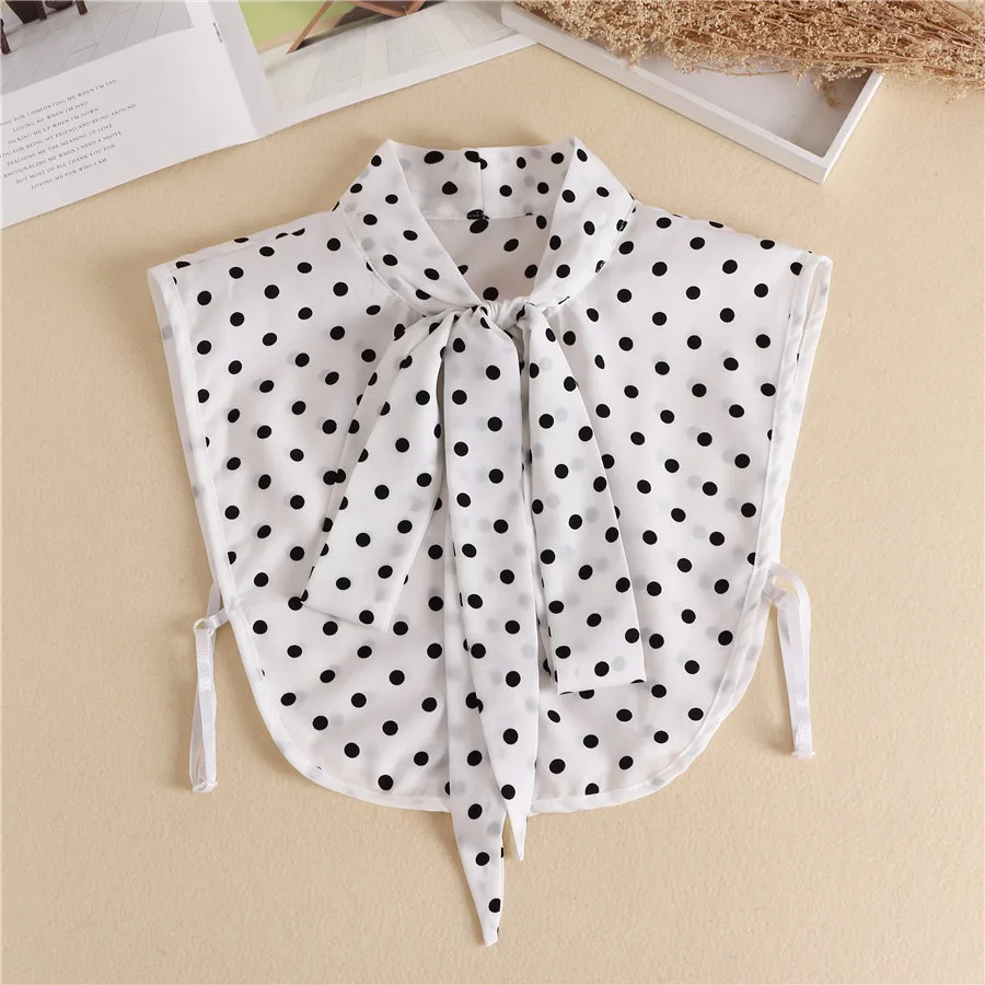 Women Polka Dots Bowknots Shirt Fake Collar Tie Cotton Detachable False Collar Lapel Blouse Top Autumn Sweater Decorative