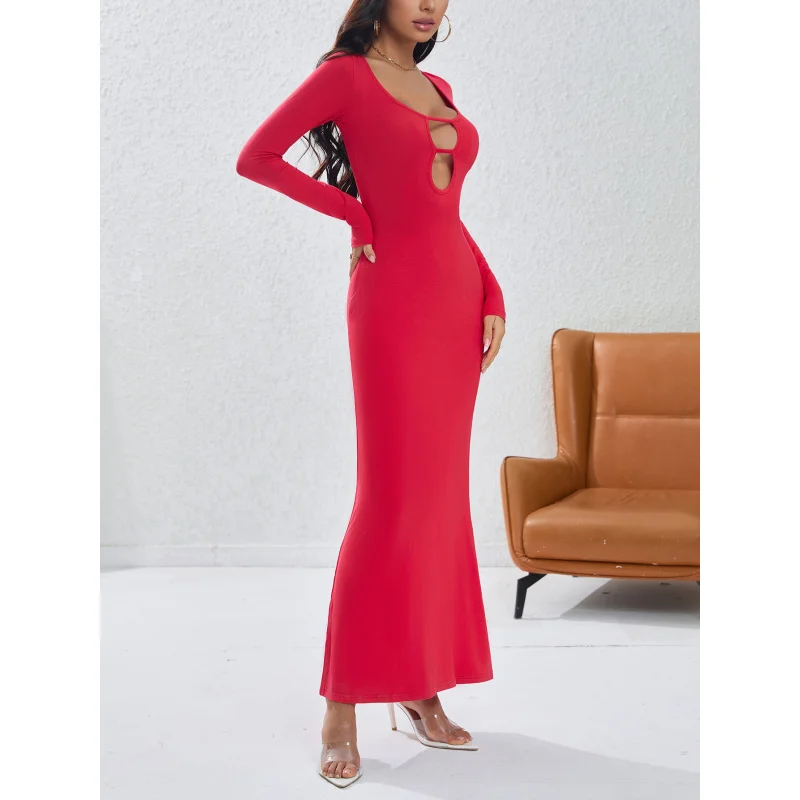 YQ1-المرأة الخريف والشتاء جديد سليم صالح Bodycon مثير الجوف خارج فستان طويل فستان الحفلات #5