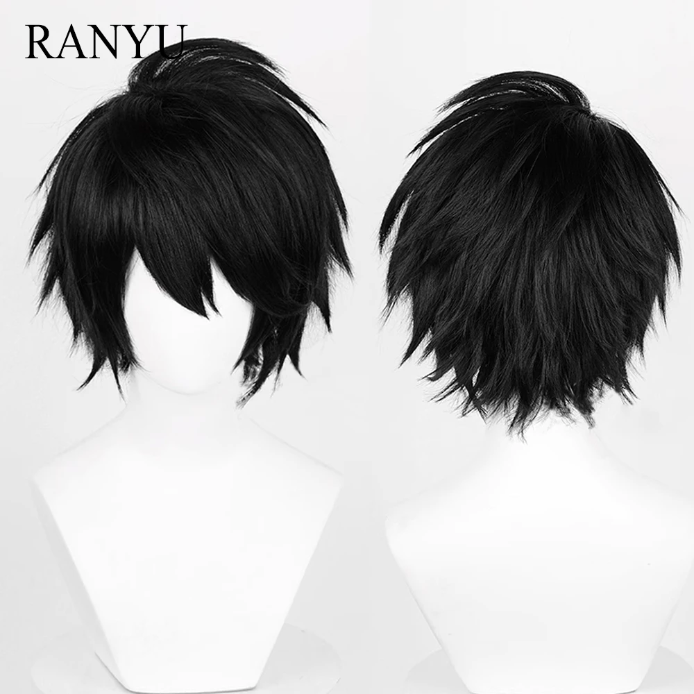 RANYU Black Synthetic Short Straight Wig Men and Women Anime Cosplay Hair Heat Resistant Wig for Party