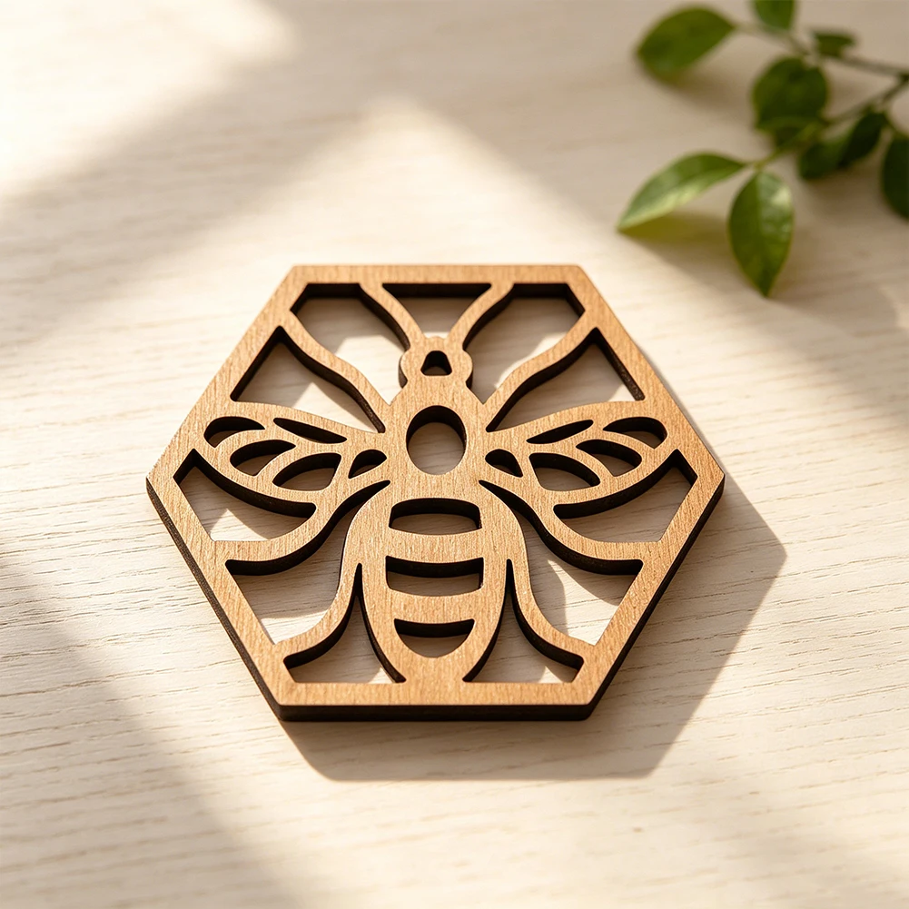 Geometric Hexagonal Solid Wood Coaster Openwork Bee Honeycomb Pattern Coffee Cup Insulated Base Home Desktop Decorative Ornament