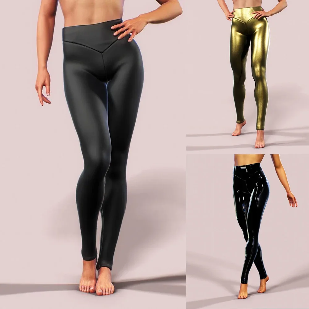 Leggings brillantes para mujer, pantalones ajustados elásticos, aspecto húmedo, piel sintética, cintura alta