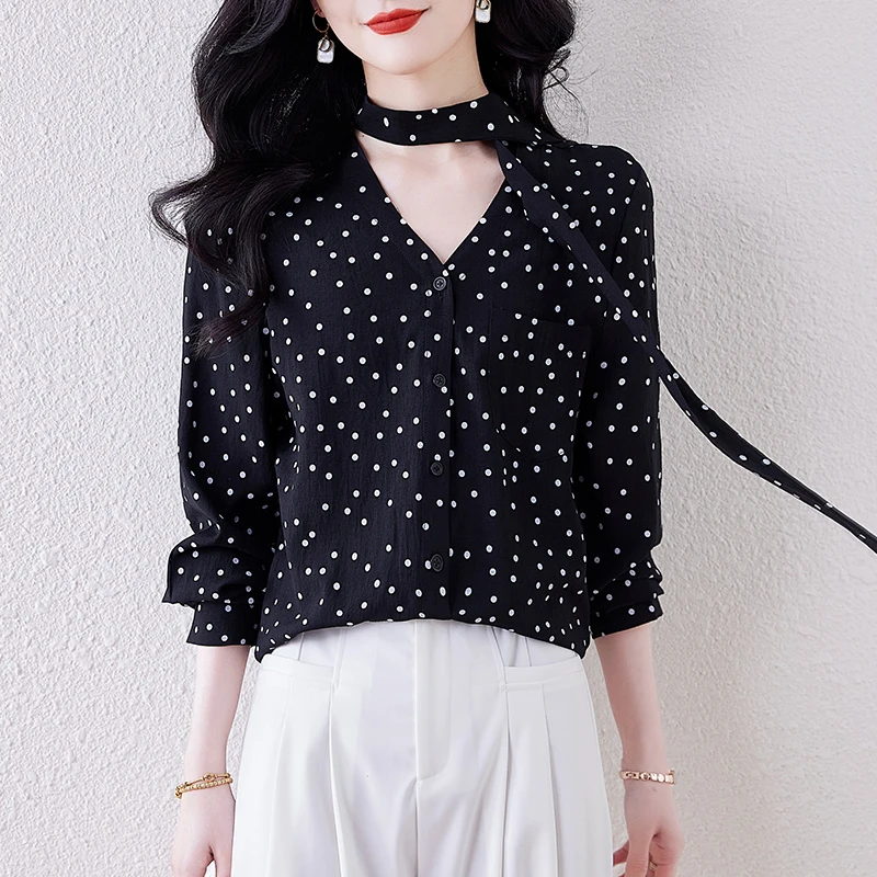 

Fashion Women Blouses 2025 Chiffon Shirts Long Sleeve Polka Dot Bow Tie Women Blouses Casual V-Neck Women Tops