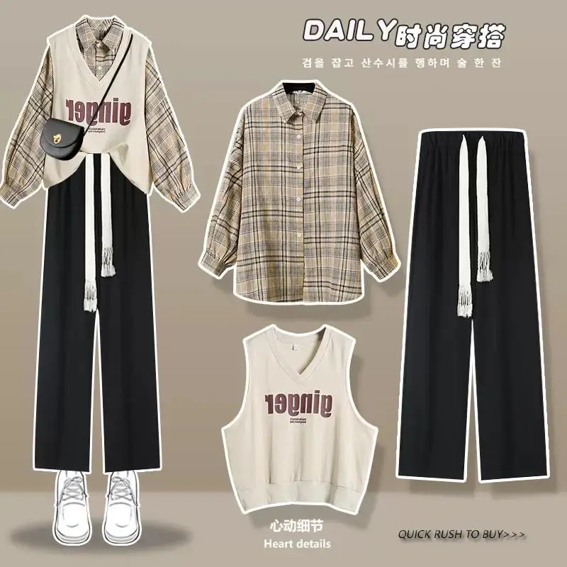 2023 Early Autumn Set Female Student Korean Loose Long Sleeve Checked Shirt+Vest+Wide Leg Pants Three Piece Set Two Piece Sety